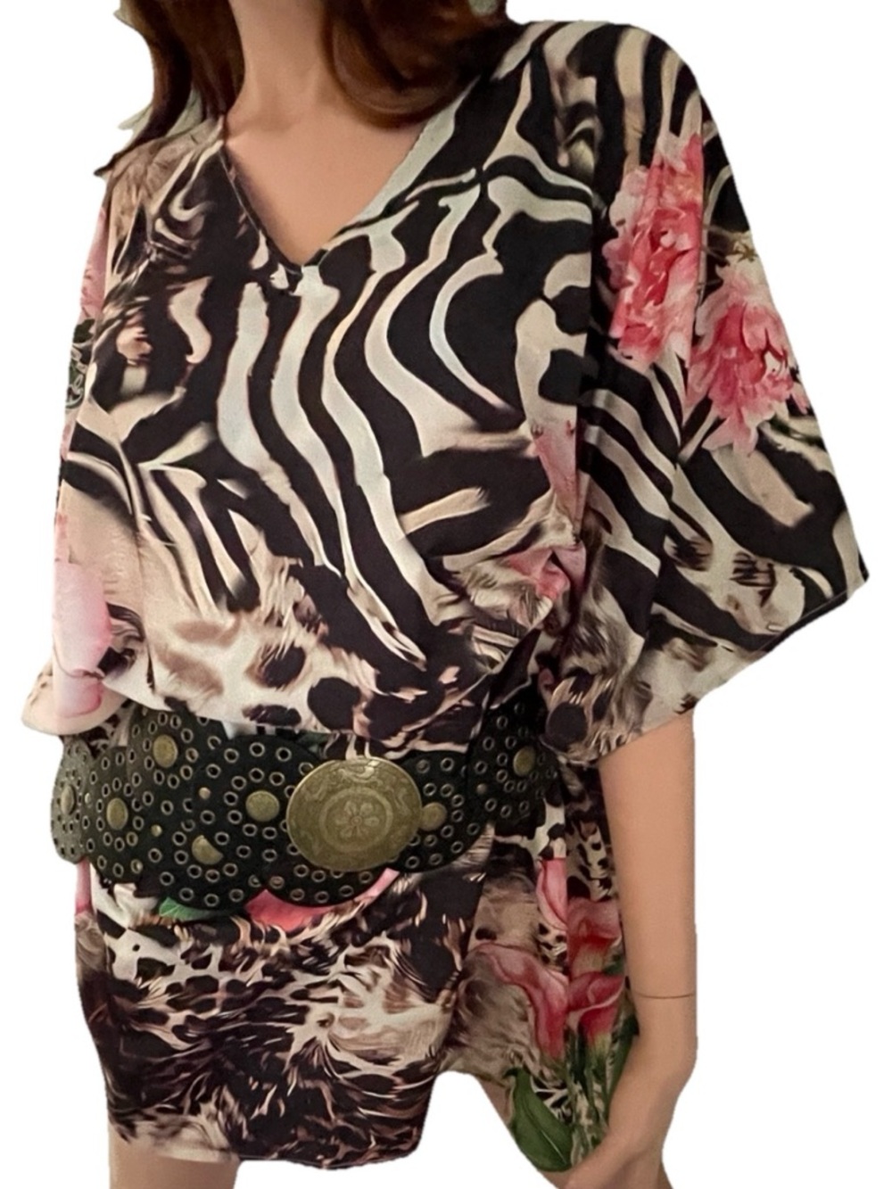 GYPSIE BLU Animal and TROPICAL Floral Print Short CAFTAN Dress O/S NWT